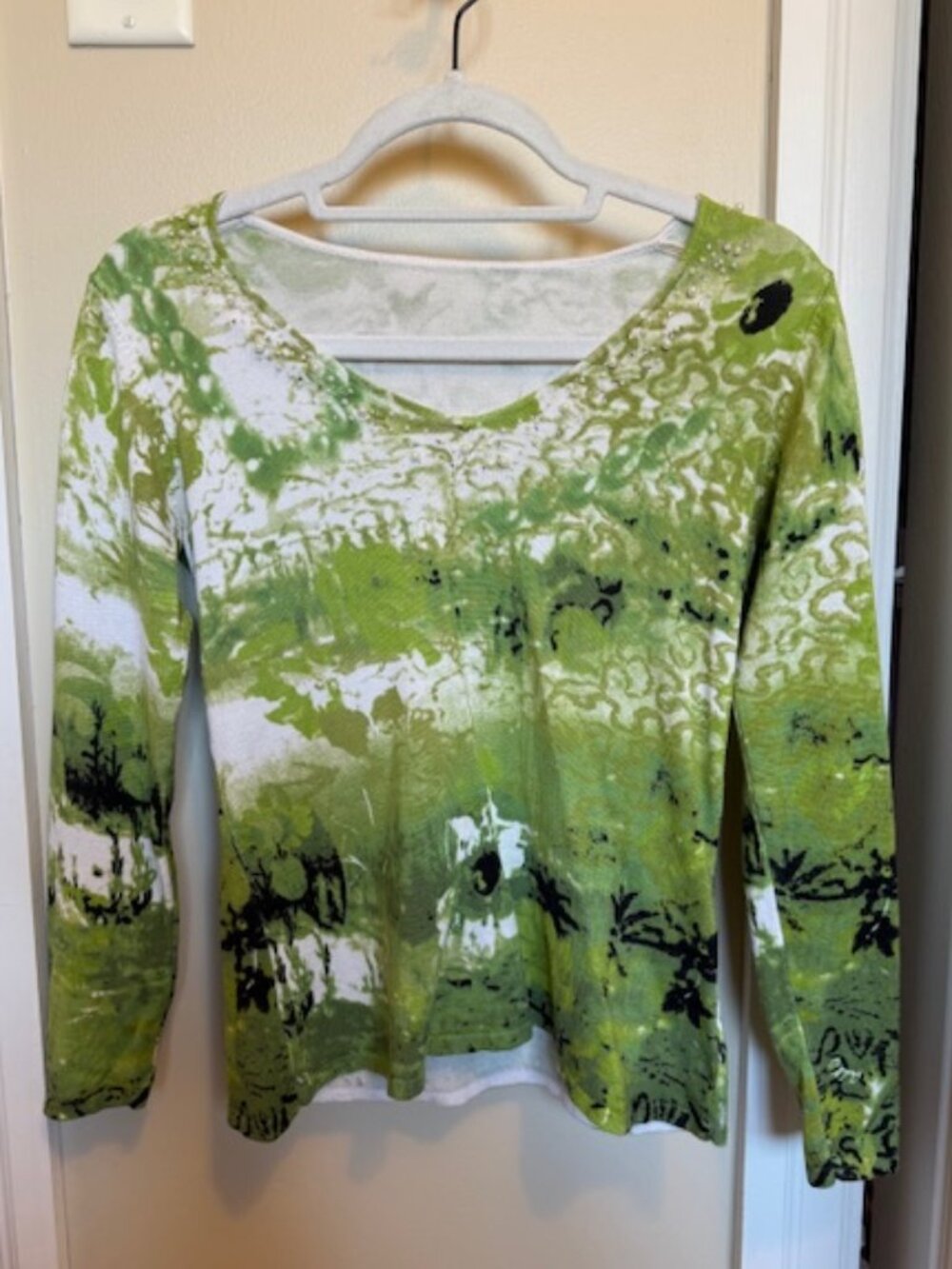 Green Patterned Long Sleeve with Pearl Neckline